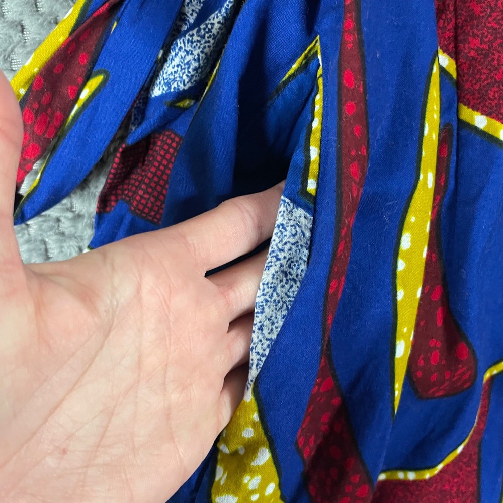 Mae Otti African Wax Print Cotton Midi Dress Faux Wrap Large Pockets Colorful - Picture 7 of 12